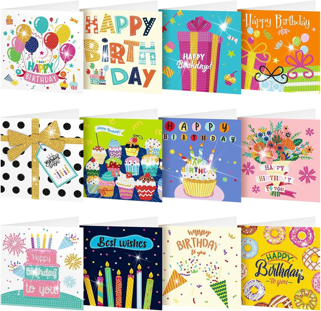 Saillong 12 Pack Happy Birthday Diamond Painting Greeting Card Kits DIY Diamond Art Cards with Envelopes Birthday Cake 5d Rhinestones Painting Kits for Adults DIY Crafts Family Friend Birthday Gifts