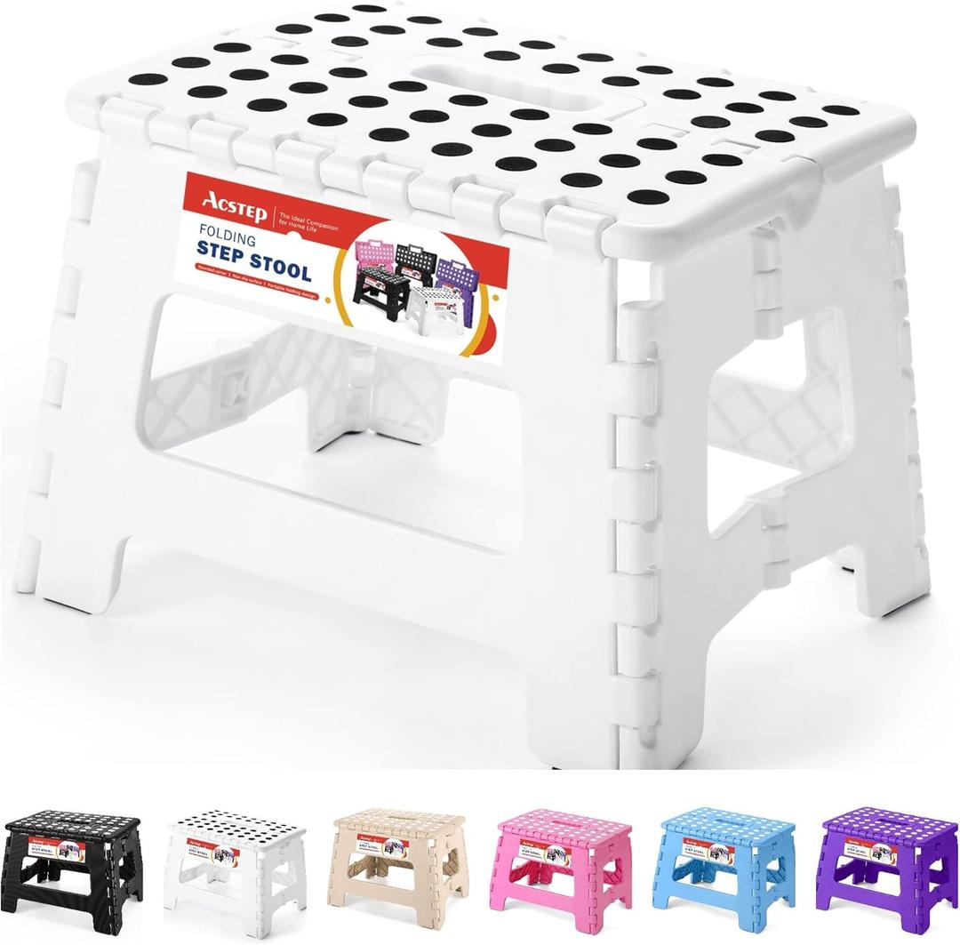 ACSTEP Folding Step Stool Portable Collapsible Plastic Step Stool 9 Inch Foldable Step Stools Non Slip Folding Stools for Kitchen Bathroom Bedroom (White)