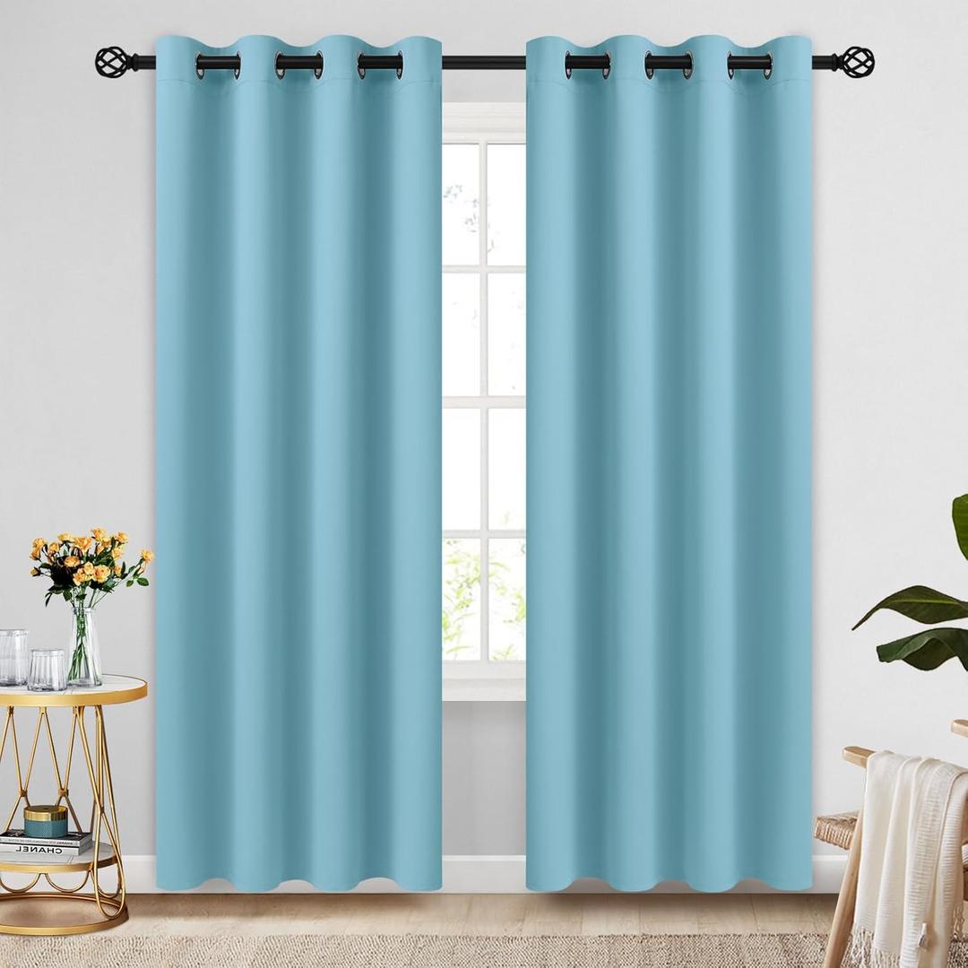 COSVIYA Grommet Blackout Room Darkening Sky Blue Curtains 84 inch Length 2 Panels,Thick Polyester Light Blocking Insulated Thermal Window Curtain Drapes for Bedroom/Living Room,52x84 inches