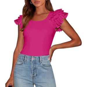 PRETTYGARDEN Women's Ruffle Short Sleeve Shirts 2025 Summer Casual Basic Tee Cute Fitted Crew Neck Fashion Tops Clothes (Red, S) PRETTYGARDEN Women's Ruffle Short Sleeve Shirts 2025 Summer Casual Basic Tee Cute Fitted Crew Neck Fashion Tops Clothes (Red, S)