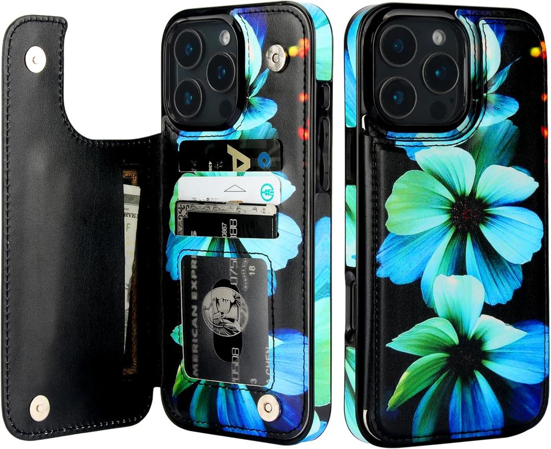 HAOPINSH for iPhone 16 Pro Max Wallet Case with Card Holder, Blue Florals Pattern Back Flip Folio PU Leather Kickstand Card Slots Case for Women Girls, Double Magnetic Clasp Shockproof Cover 6.9"