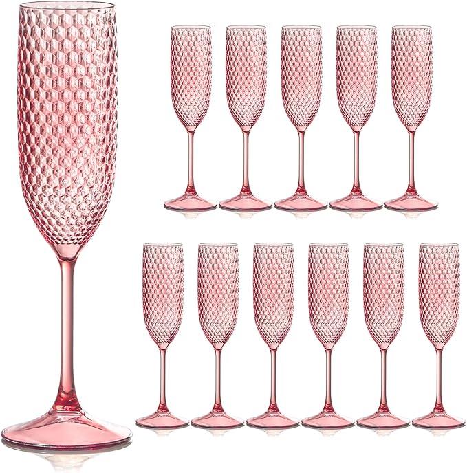 Plastic Champagne Flutes Champagne Glasses Unbreakable Wedding Toasting Glasses Reusable Diamond Wine Glasses Crystal Clear Party Wine Cups Vintage Drinking Glasses 5.5 OZ for Wedding (12, Pink)