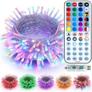 BrizLabs RGB String Lights, Color Changing Easter Pastel Lights, 100 LED 33ft USB Mini Christmas Light String Dimmable with Remote, Twinkle Fairy Light Clear Wire for Xmas Halloween Party Room