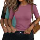 Riyiper 3 Pack Women's Half Sleeve Tops, Elbow Length Ribbed Cotton T Shirt Crew Neck Summer Tee Slim Fit Casual Blouses (Medium, Black, Gray Green, Pink)