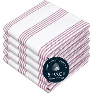 Burgundy Striped Kitchen Dish Towels (5-Pack), Quick Dry, Ultra Absorbent & Durable, 100% Cotton Multi Pin Stripe Towels for Drying Dishes, Wiping, and Daily Kitchen Cleanup