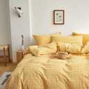 Gingham Duvet Cover Yellow Queen Size 100% Washed Cotton White Checkered Duvet Cover Full Soft Plaid Grid Bedding Set Comforter Cover 3 Piece Zipper Closure,Durable,Breathable