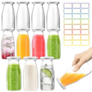 12 Pack 200ml Glass Milk Bottles with Lids - Vintage Breakfast Shake Containers Reusable Small Milk Jars, Mini Party Bottles Clear Glass Juice Bottle with 24 Labels for Parties, Weddings, Picnics