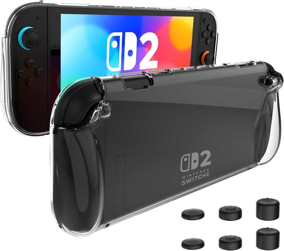 Case for Nintendo Switch 2 Case Clear with 6pcs Thumb Stick Cap 2025, LightwheIght Soft TPU Grip Dockable Gaming Accessories for Switch 2 Cover 7.9 Inch -Clear