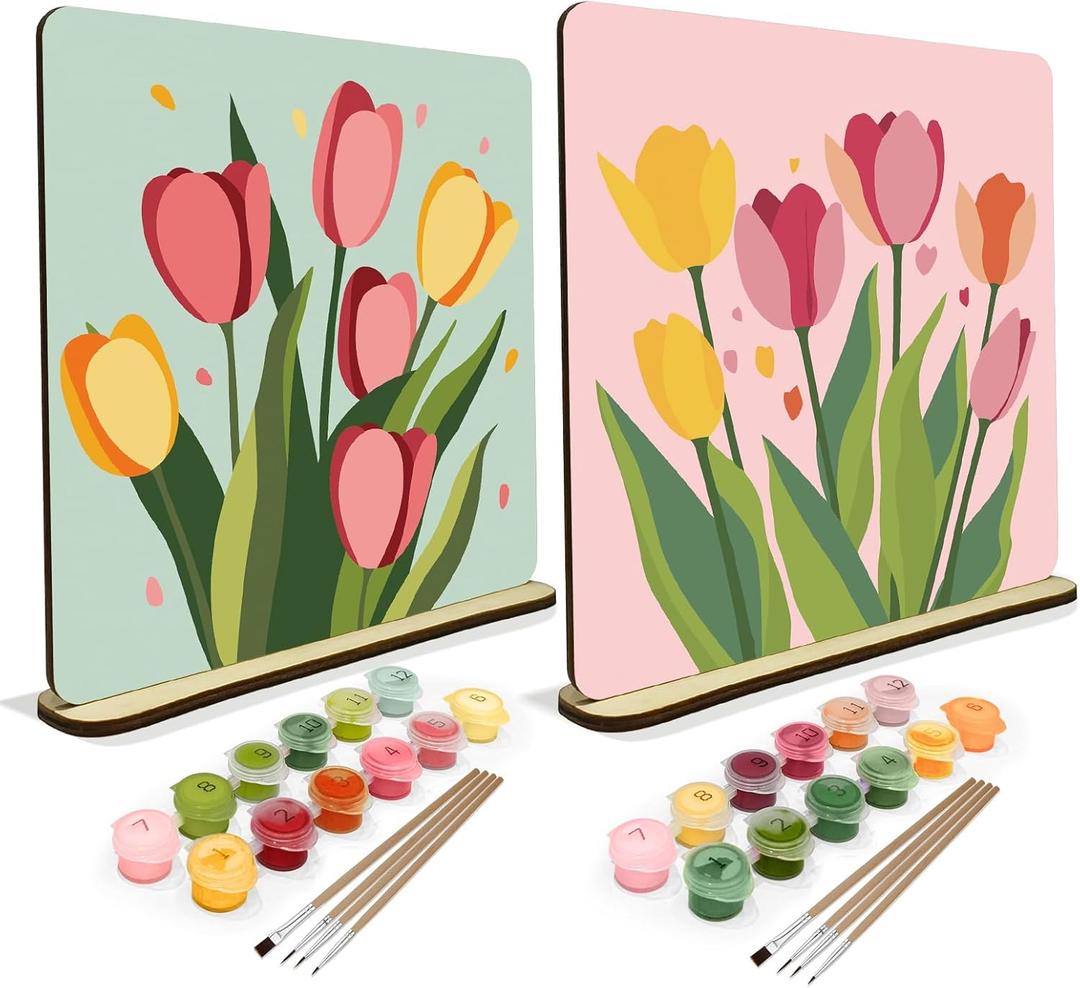 JOOZ 2 Pack Tulip Paint by Numbers Kit for Adults, Abstract Paint by Number on Wood Board, DIY Tulip Oil Painting by Numbers Ornaments for Desktop, Easy Adult Paint by Number Kits for Gift 8x8 Inch