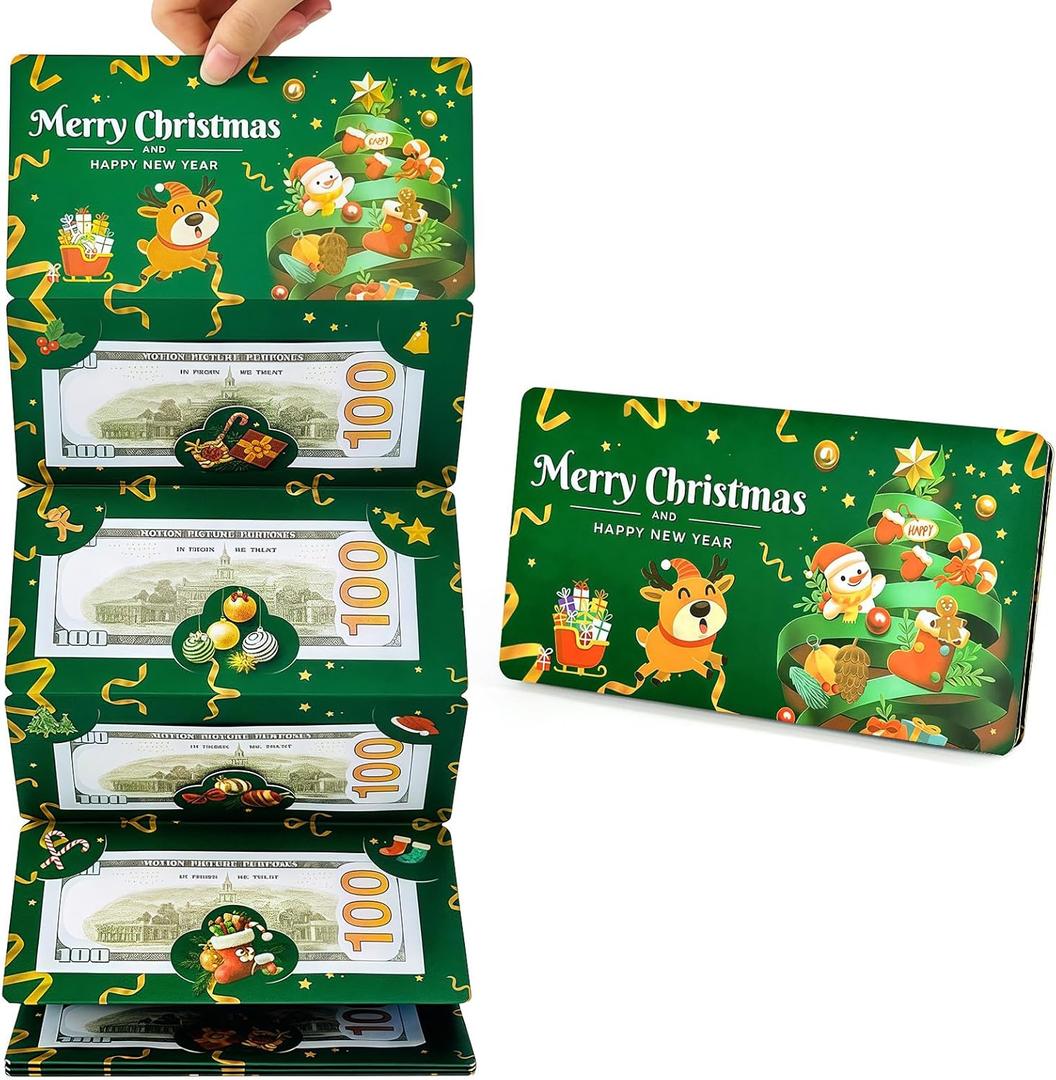 5 x Christmas Money Holders, Cash Gift Card Holders Xmas With 10 Slots Christmas Gift For Men Women Girls Boys, Surprise Money Envelopes, Green
