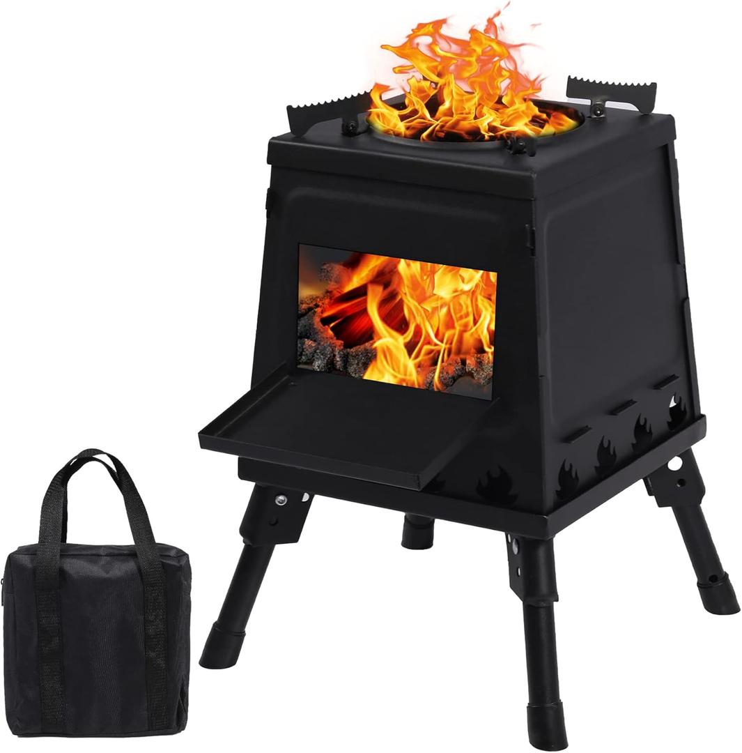 Lineslife Wood Burning Camp Stove, Portable Cast Iron Camping Wood Stove, Black Woodstove with Carrying Case for Backpacking Outdoor Cooking (Small)