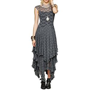 R.Vivimos Womens Sleeveless Backless Asymmetrical Layered Lace Long Dress with Slip Two Pieces (Large, Grey)