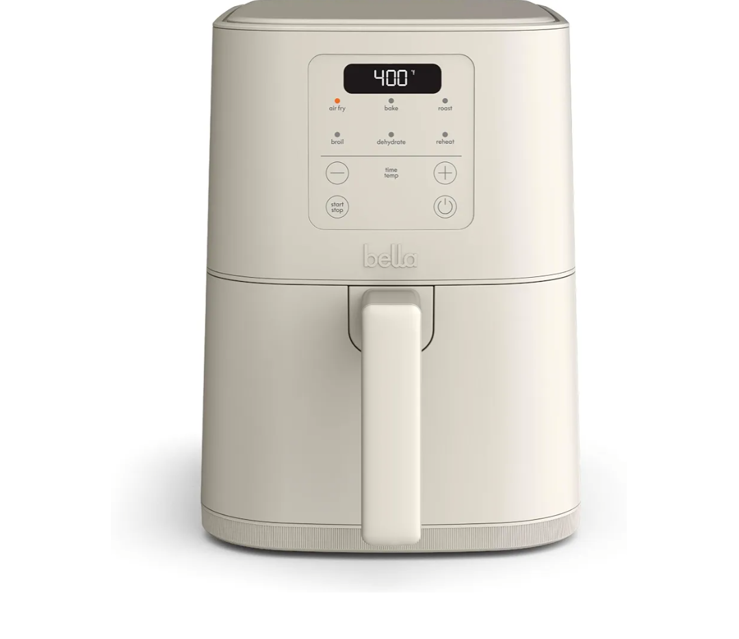 bella 4Qt Slim Air Fryer, Fits-anywhere™ Kitchenware, EverGood™ Ceramic Nonstick Coating, Adjustable Temperature, 6 Preset Cooking Options, 60 Min Auto Shutoff w Audible Tone, 3.3lb Capacity, Oatmilk