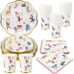 Maxdot 100 Pcs Animal Parade Party Plates Set, Including 9 Inch and 7 Inch Animal Parade Paper Scalloped Plates, Cute Disposable Napkins and Paper Cups for Kids Birthday Decorations, Baby Shower