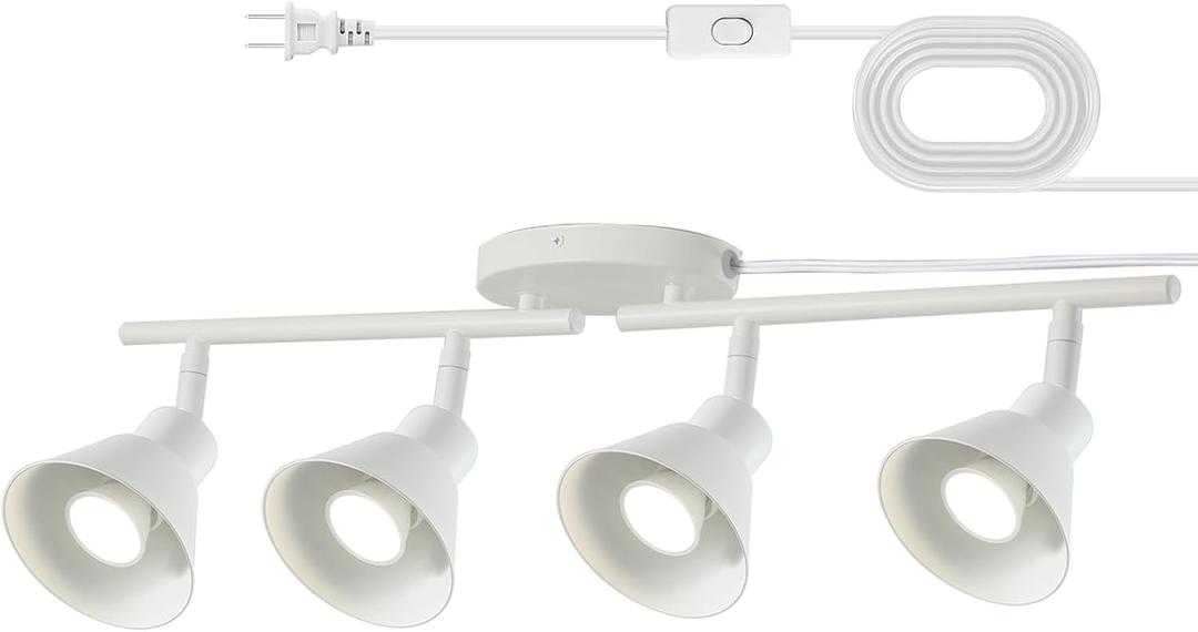 4 Light Plug in Track Lighting Kit, Modern Plug in Ceiling Light Fixture,14.7ft Cord, On/Off Switch, 4 Way Ceiling Spot Lighting, Flexibly Rotatable Light Head (Bulbs Not Included) (White)