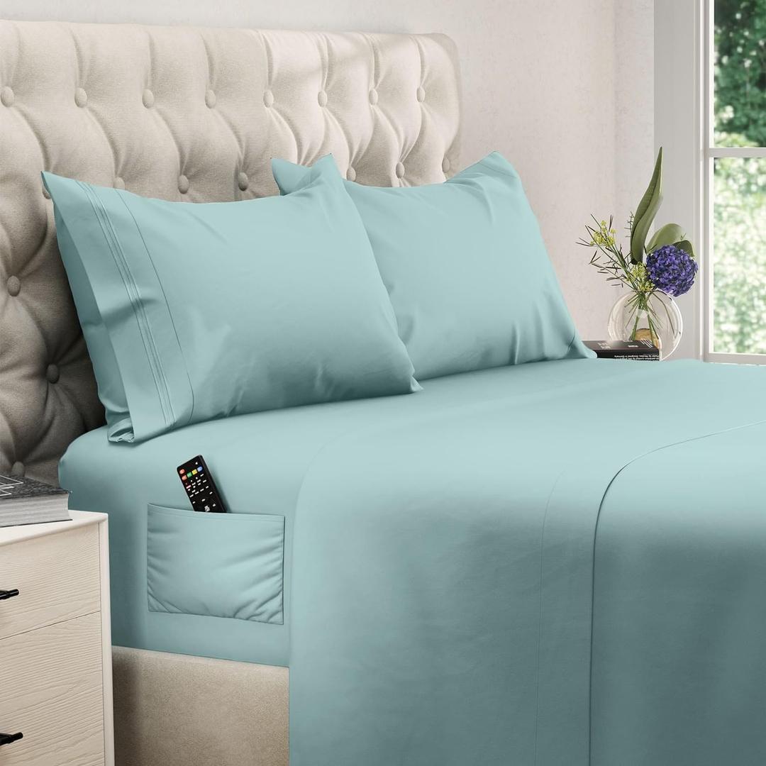 DREAMCARE Queen Size Sheets - Cooling Bed Sheets - 4pcs Set - up to 15" Deep Pocket Queen Sheet Set - Sheets Queen Size Bed - Soft & Long Lasting 100% Fine Microfiber with Side Pocket - Spa Blue
