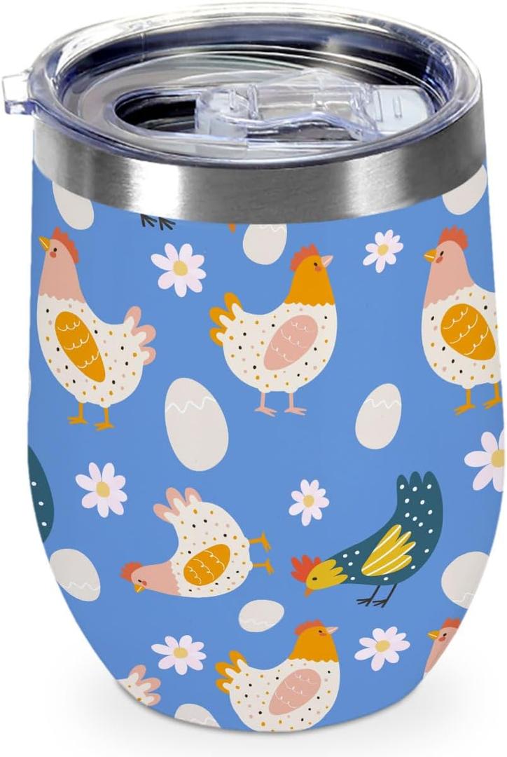 12 oz Insulated Wine Tumbler with Lid, Vibrant Chicken Seamless Pattern Stainless Steel Travel Tumbler Cups, Stemless Double Wall Vacuum Travel Mug for Coffee Wine Cocktail, Chicken Gifts for Women