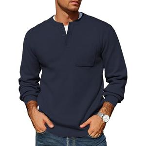 COOFNADY Mens Knitted Sweater Button Up Henley Neck Dressy Pullover Sweater Light Weight Loose Fit Casual Basic Knitwear Tops Dark Navy Blue M
