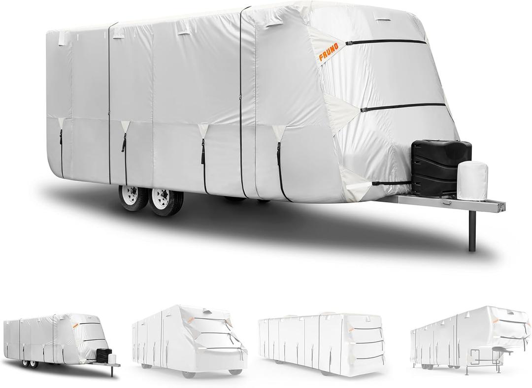 FRUNO Oxford Fabric Travel Trailer Cover RV Cover 16'-18' Waterproof Rip-Resistant Anti-UV Camper Cover for Winter Snow with Jack Cover 4 Tire Covers and Gutter Covers