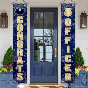 Lofaris Congrats Officer Porch Banner Police Party Decorations Yard Sign Blue and Gold Hanging Sign Police Academy Cops Retirement Presidential Inauguration Party Door Banner Porch Banner for Outdoor Wall Front Door Decor 2 Pieces 70.87x11.81inch