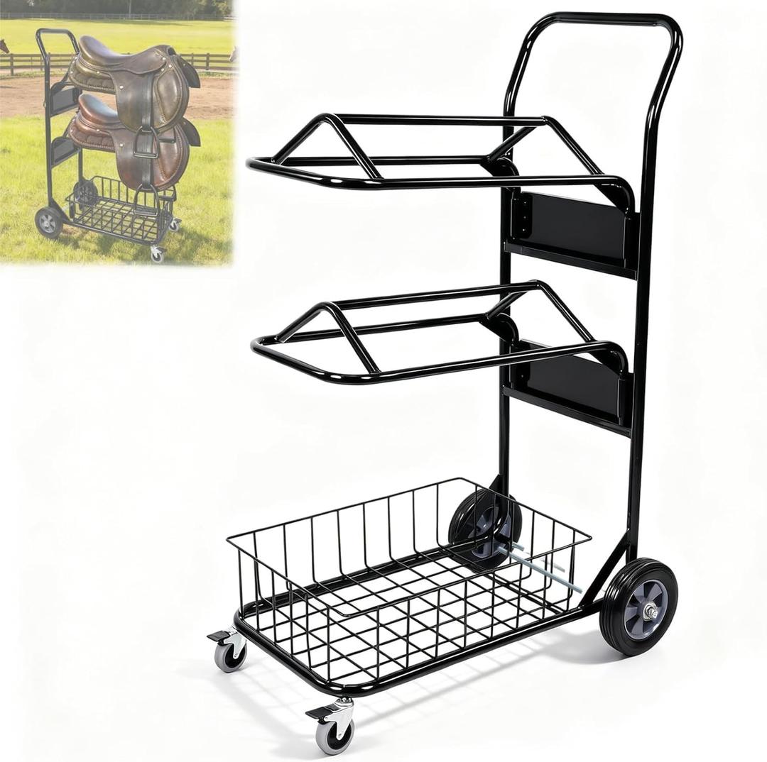2 Tier Rolling Saddle Rack Cart with Basket, 32.3 * 16.9 * 49.8 inch Wheeled Saddle Cart with Basket, Load 220 Lbs Capacity Heavy Duty Horse Trailer Organizer, for Moving, Organize Tack