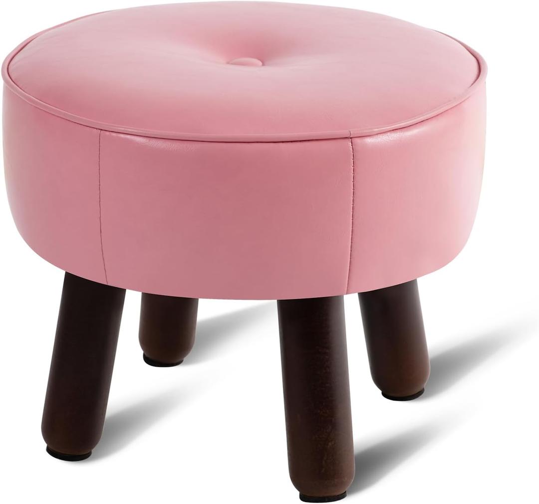 Small Foot Stool Round Pouf Ottoman, 13'' Leather Foot Rest with Non-Skid Rubber Legs, Foolstool Ottomans for Couch, Sofa Footrest Step Stool for Living Room Bedroom Entryway Office, Pink