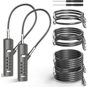 4-Digit Combination Cable Lock with 3 Replaceable Steel Cables for Gate, Bike & Luggage, Resettable Keyless Cable Lock, Grey, 2 Pack (Gray)