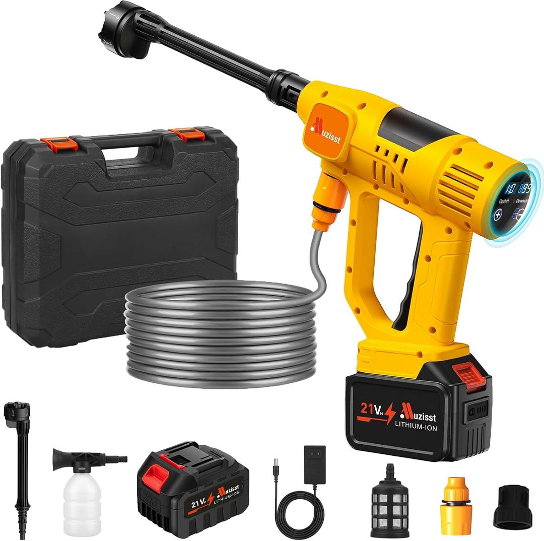 2025 Upgrade Cordless Pressure Washer, 900PSI Battery Powered Pressure Washer with 6-in-1 Nozzle, 10 Speed Adjustment, Remaining Battery Display, Portable Power Washer for Car/Garden/Floor/Yards (Yellow)