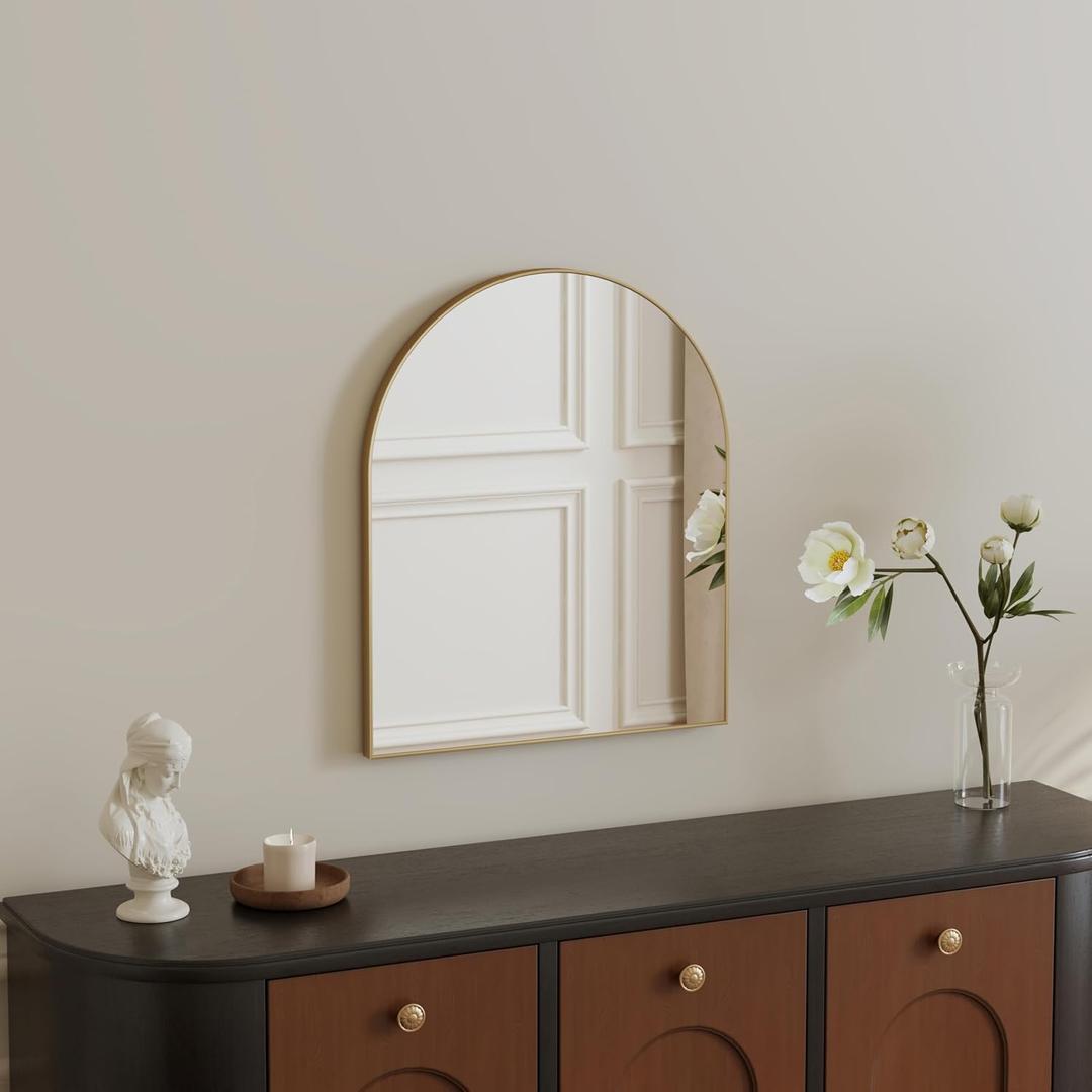 Gold Metal Frame Bathroom Arch Mirror for Over Sink, 15x18 Inch Arched Tempered Mirror, Wall Vanity Mirror for Farmhouse, Modern Luxe Mirror for Bedroom, Living Room, Entryway