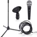 Professional Handheld Dynamic Microphone Kit - Unidirectional Vocal Wired Microphone w/Carry Bag, Metal Mic Stand, Holder/Clip & 16.4ft XLR Audio Cable to 1/4'' Audio Connection - Pyle PDMIC88ST