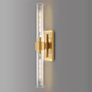 2-Light Bathroom Vanity Light Fixtures, 23" Indoor Wall Sconce with Clear Glass, Modern Cylinder Wall Lights for Bathroom, Bedroom, Hallway, Stairways, Living Room (Brushed Gold)