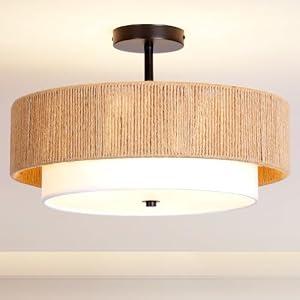 Lornwick Bohemian Semi Flush Mount Ceiling Light - 18 Inch Handmade Hemp Rope Shade (Fabric Lining), Farmhouse Pendant, E26 Base, Max 60W (Bulbs Excluded), for Dining, Living, Bedroom, Kitchen