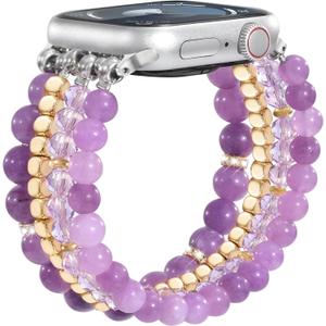 CAGOS Natural Stone Beaded Bracelet Compatible with Apple Watch Band 38mm/40mm/41mm/42mm/44mm/45mm Women Series 9 8 7 SE Series 6 5 4 Fashion Dressy Stretchy Handmade Beads Strap for iPhone iWatch Bands Series 3/2/1 (Light Purple)