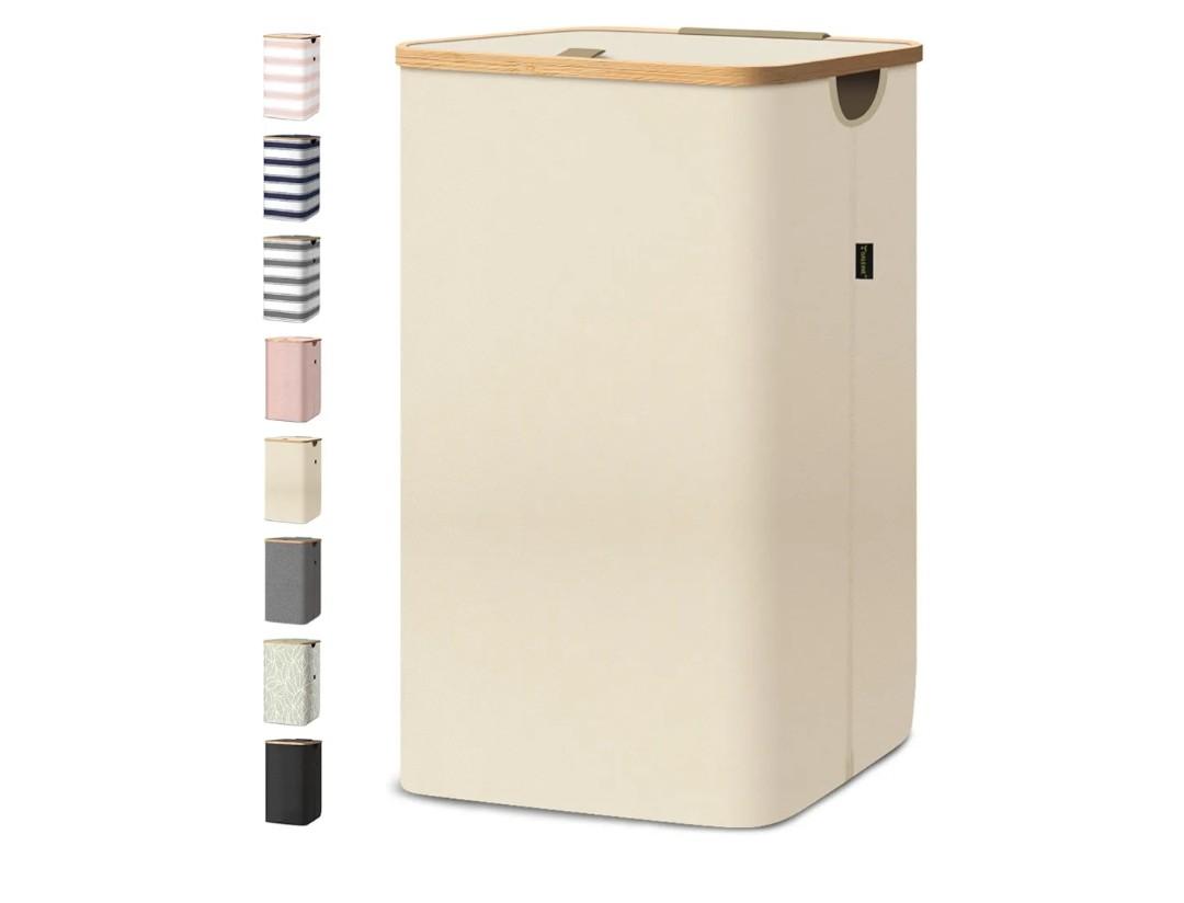 BALEINE Laundry Hamper with Lid, Tall Laundry Baskets with Bamboo Pull Handles, Large Laundry Bin with Internal Support (26 Gal/100L, Beige)