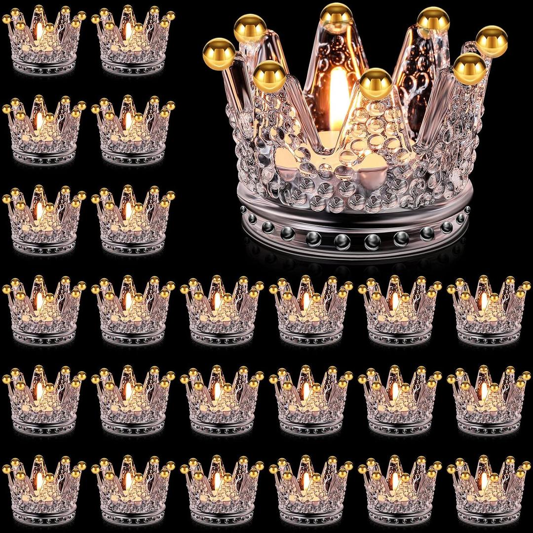 24 Pcs Birthday Clear Crown Votive Candle Holders Glass Crown Tealight Candle Holders Bulk Candlestick Votives for Tables Centerpieces Wedding Party Decoration(Gold Bead Style)
