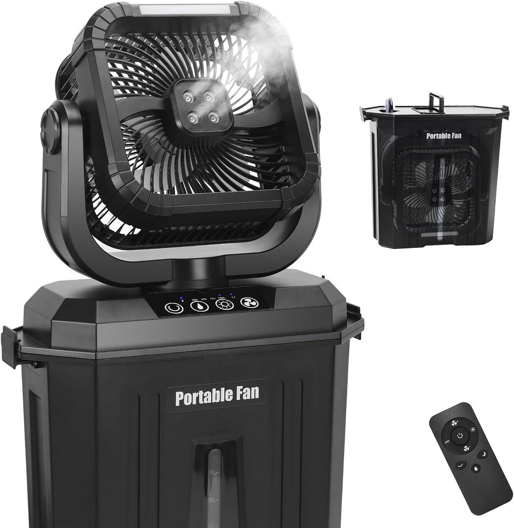 blessny Portable Oscillating Misting Fan with 12L Water Bucket, 20000mAh Battery Operated Mister Camping Fans with 4 Sprays Outlet, 120 Oscillation for Patio Workspace Golf Chart Sport Pet Cooling