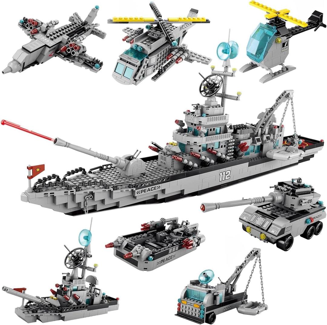 WW2 Military Battleship Boat Building Block Set,Large Sized Cruiser Toy,1442 PCS Battle Ship Toy Compatible with Lego Sets for Boys 8-14,Warship Birthday Gift for Adults Girls Boys Age 8-12