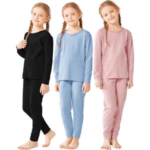Resinta Girls Cotton Thermal Underwear Set Toddler Long Johns Kids Winter Base Layer Top & Bottom (9-10 Years, Black, Light Blue, Dusty Pink)