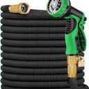 Expandable Garden Hose 100 ft with 10 Function Nozzle Sprayer, Lightweight Flexible Water Hose with Durable Collapsible Latex Core & Solid Brass Fittings, 100ft Retractable Stretch Hose, Black