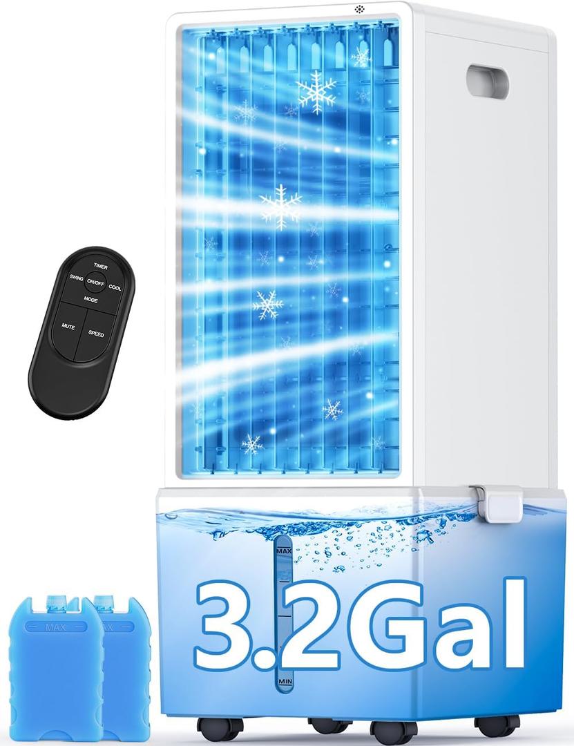 4-IN-1 Portable Air Conditioners w/3.2-Gal Tank for 24H Cooling, 4 Powerful Wind Speeds & 4 Modes, LED Touch Screen, Waterless Alert System & 12H Timer, Remote, Evaporative Air Cooler for Home