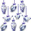 Funtery 9-Piece Blue & White Porcelain Ornaments - Chinoiserie Fall Pumpkin Decor Hanging Pendants - Ceramic Christmas Tree Ornaments for Christmas & Autumn Decoration (Vivid Style)