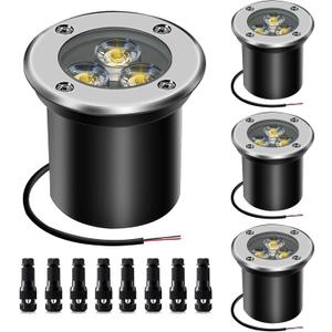 4 Pack Low Voltage LED Landscape Lights - 3W 12V/24V IP67 Waterproof In-Ground Well Lights with Convex Lens for Driveway, Garden, Pathway, Deck (Warm White 3000K) + 8 Wire Connectors Included