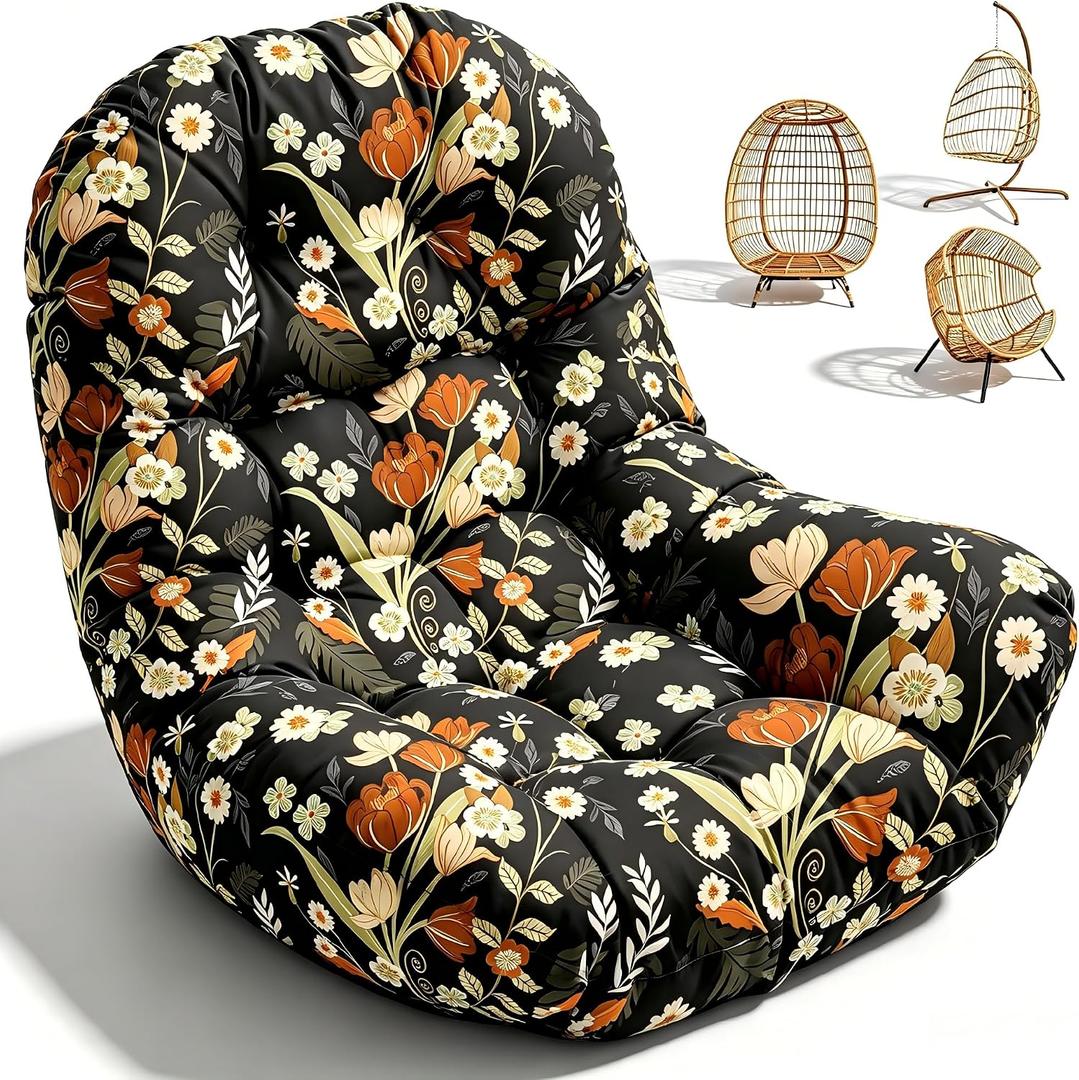 Waterproof Egg Chair Cushion Replacement Outdoor Hanging Chair Cushion 47x35x7 Inches Thicken Egg Chair Cushions with Ties, Black Peony