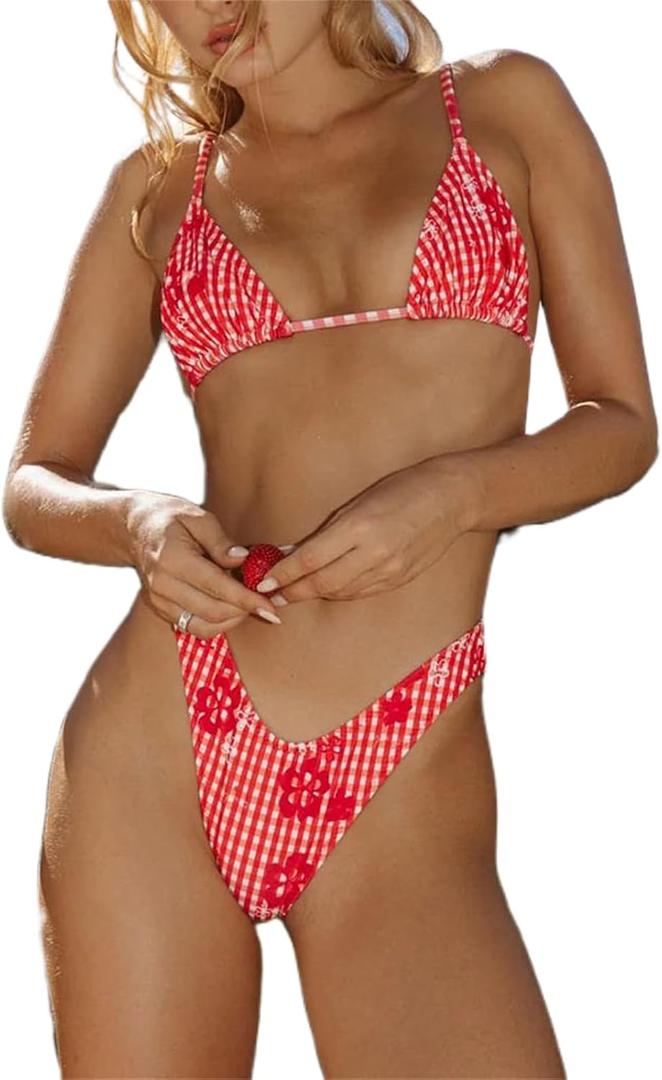 Alyweatry Women Y2k Bikinis Sets Coquette Aesthetic Bows Halter Tie Up Bikini Top High Cut Elastic Waist Bikini Bottom (Medium, Red Gingham Flower Print)