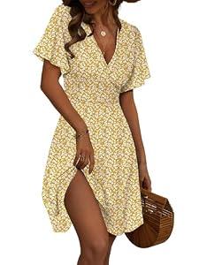 FENSACE Womens Sundress Summer Floral Short Sleeve Wrap V Neck A-Line Midi Dress(Yellow Floral-87,X-Large)