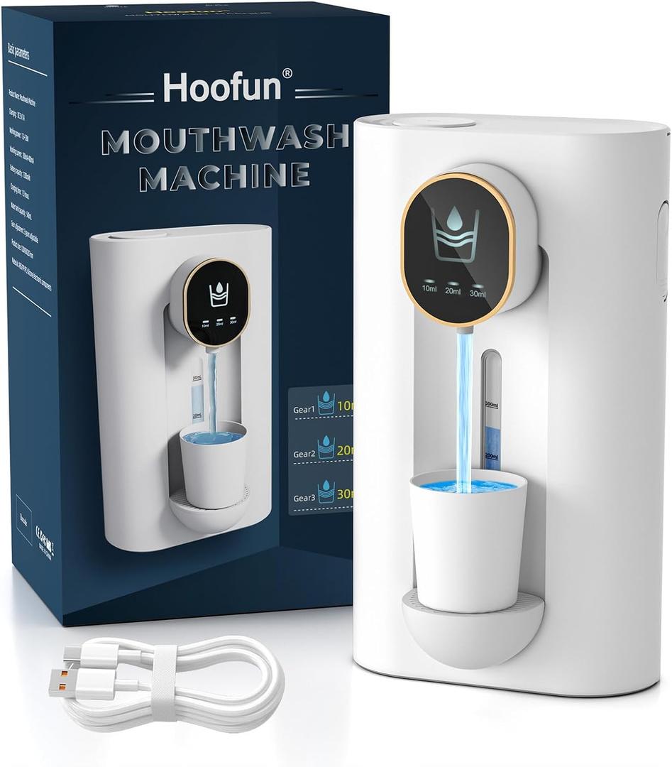 Hoofun Automatic Mouthwash Dispenser for Bathroom, 18.26Oz Wall Mounted Mouth Wash Dispensers with Magnetic Cups, 3 Dispensing Level, Electric Mouthwash Pump for Kids Adult, Bathroom Accessories White