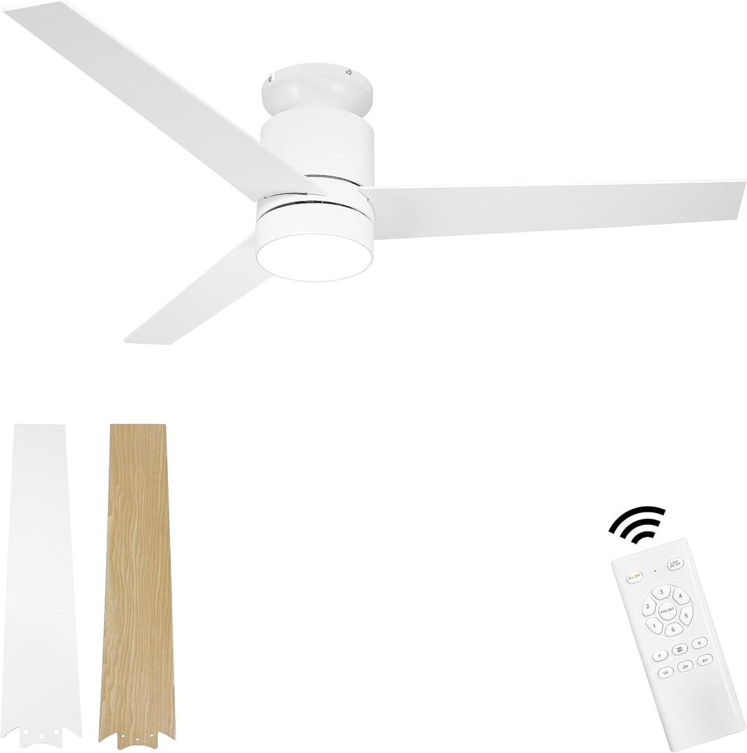 52" Ceiling Fans with Lights Remote Control: White Flush Mount Ceiling Fan for Bedroom - Quiet Low Profile Ceiling Fan 6 Speed & LED Light