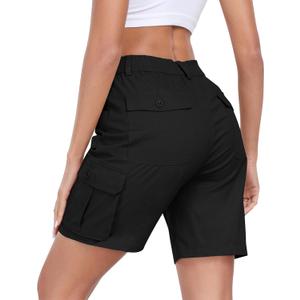 MoFiz Women's Cargo Shorts Bermuda Shorts Button Pockets Elastic Waist Knee Length Long Hiking Casual Shorts for Summer, M