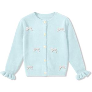 BesserBay Girl Fall 3D Bow Button Down Knit Ruffle Long Sleeve Cardigan Sweater 6-14 Years (Blue)