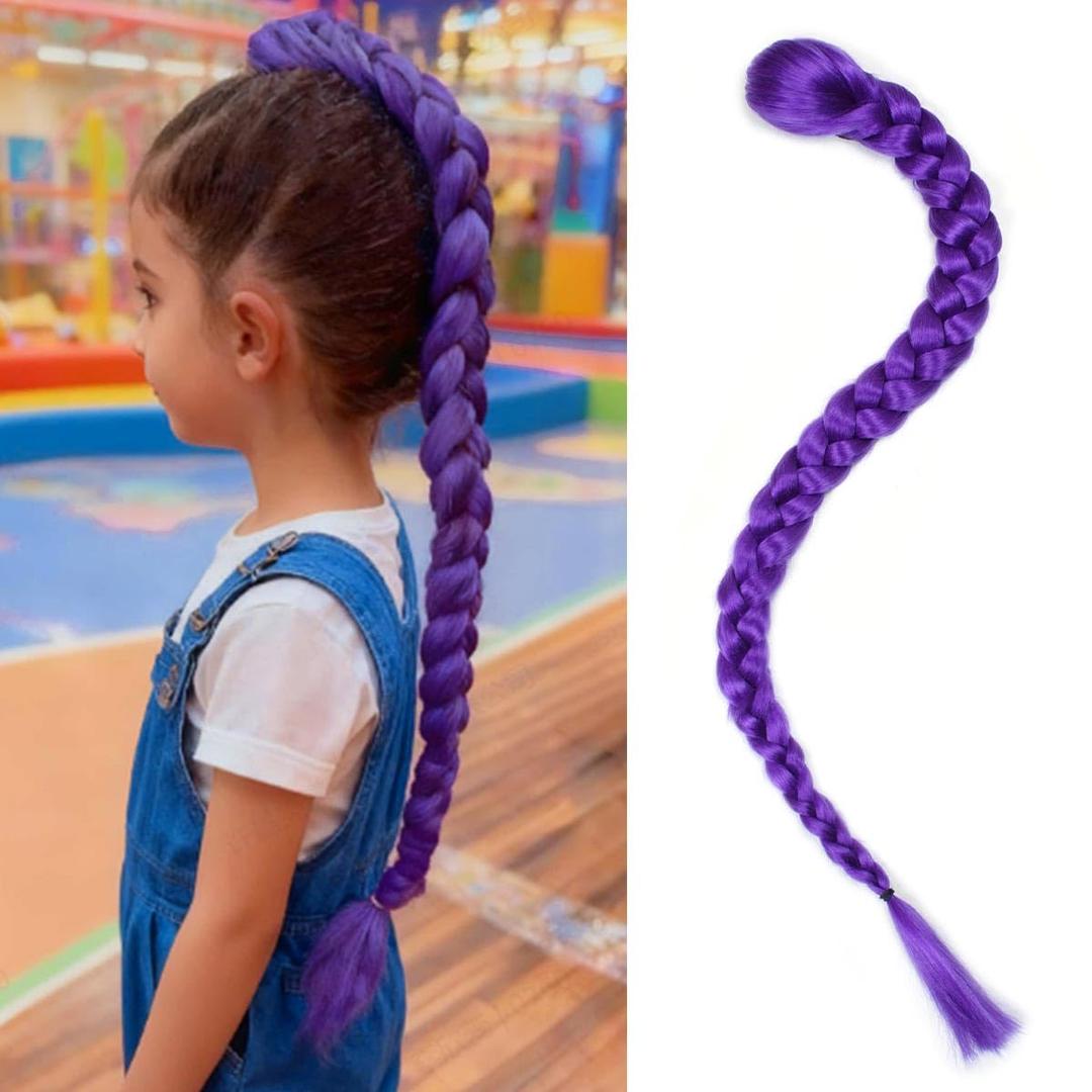 26 inch Long Purple Braid Ponytail Pre Stretched Purple Hair Extensions for Braids Easy Clip in Ponytail for Cosplay Halloween Costume